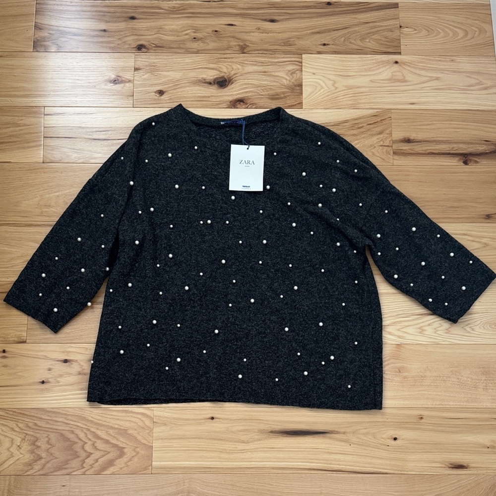 Zara Charcoal Sweater Top with Pearl Details 3/4 Sleeves Size L